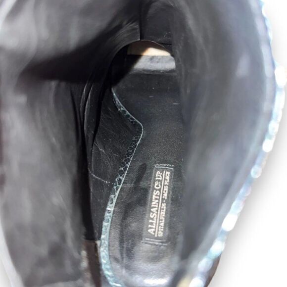 AllSaints Spitelfield Black Iridescent Snakeskin Emboss Leather Booties Women 8 - Picture 9 of 11